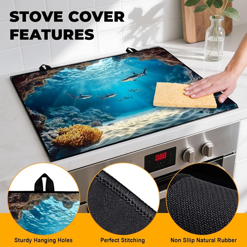 BVBOX Underwater World Stove Top Cover Retro Flower Gas Stove Top Cover for Home Decoration Kitchen Pad Non-Stick Washable Cooktop Covers Countertop Protector Keep Stove Clean 28"x20" - Image 2